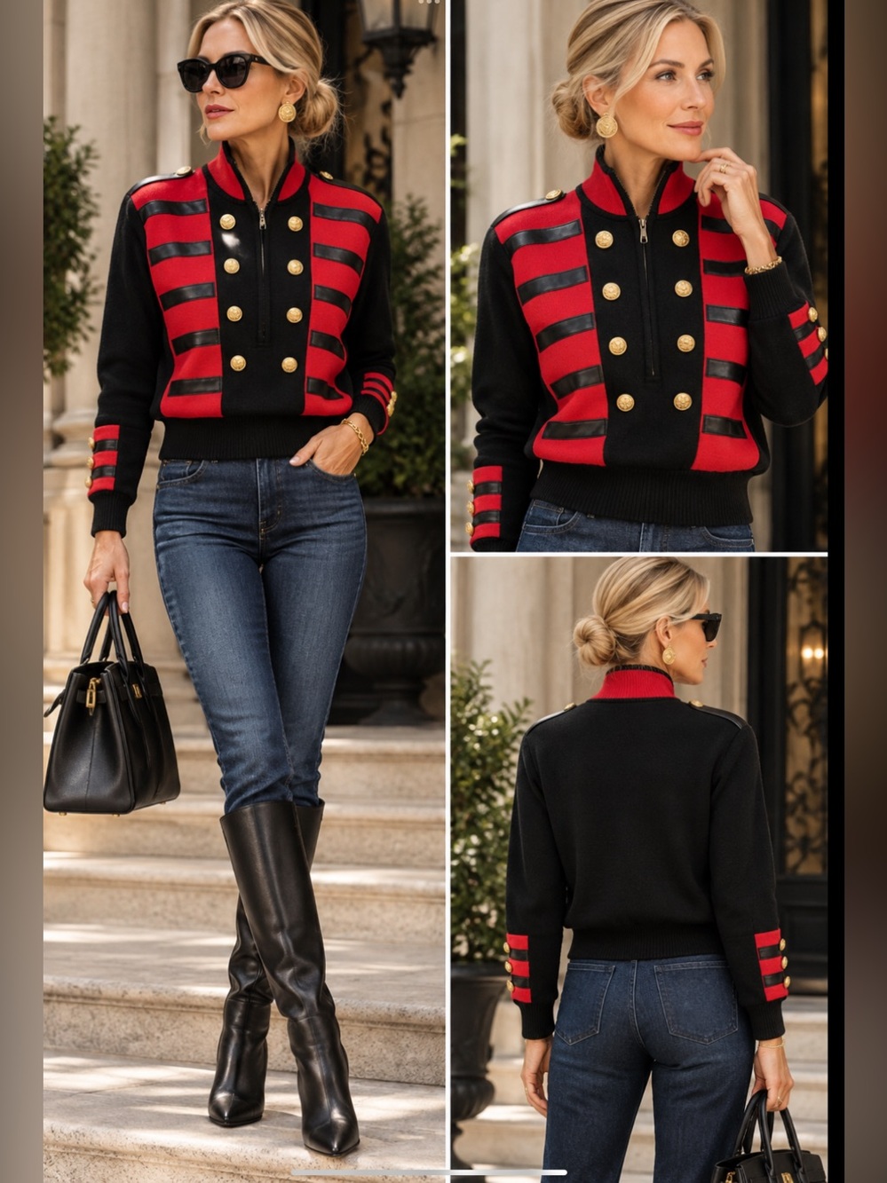 Rare Vintage Red Black Military Knit Jacket Gold Eagle Buttons Statement 80’S